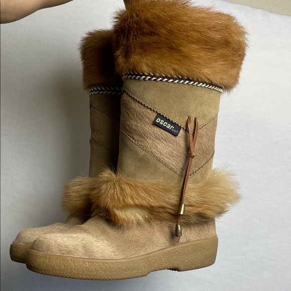 ITALY Leather suede Real fur Sherpa Tan mink Fur Trimmed Women Boots SKI WINTER - Picture 10 of 15